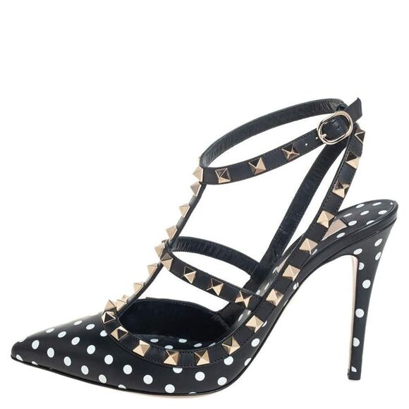 VALENTINO GARAVANI Black Ankle Strap Rockstud White Polkadot Sandals Siz… - Picture 4 of 15